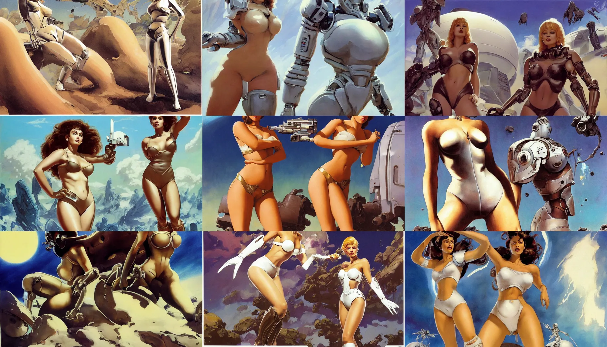 Prompt: A mixed media portrait painting of a very beautiful light-brown-hair woman on an alien planet, very curvy, aesthetic! high-waisted white-bikini-futuristic-armor and boots, sweat, aesthetic symmetrical face and eyes, model, wet, pacific-rim-mech in background, eighties pinup style, by Frank Frazetta, Boris Vallejo, Beeple, Greg Rutkowski, Christian MacNevin, goddess, bombshell, epic fantasy character art, high fantasy, CGsociety, exquisite detail, post-processing, masterpiece, cinematic