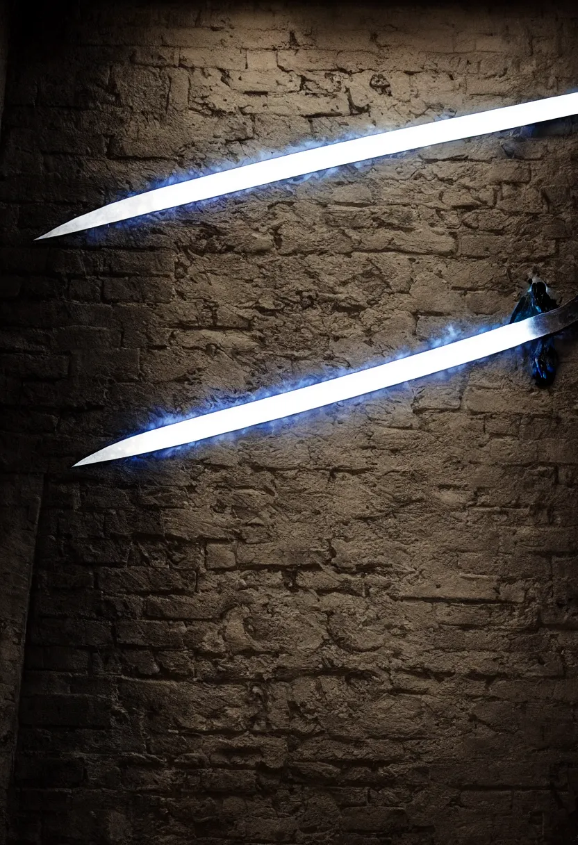 Image similar to photo of a magical fantasy longsword displayed on a wall. the sword is glowing with hot fire power and giving off a subtle black smoke.