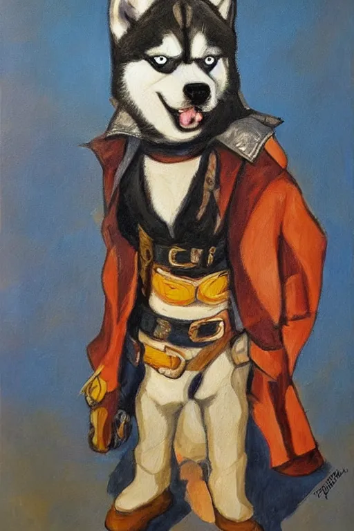 Image similar to a portrait painting of a husky in cowboy costume in the style of anime, a fistful of dollars, per un pugno di dollari, humanoid, personify, anthropomorphic