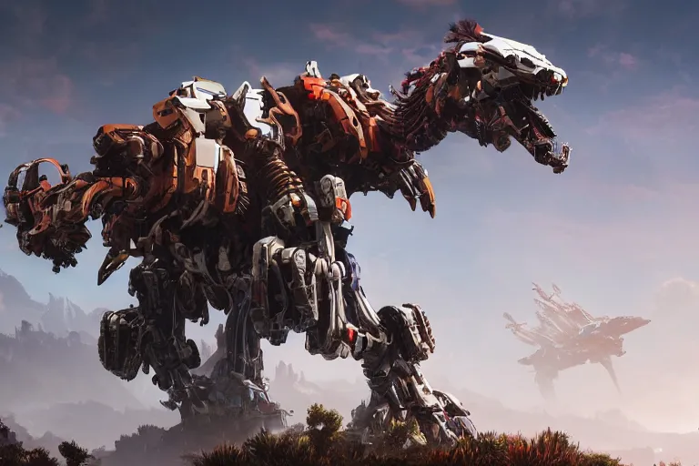 Image similar to thunderjaw machine mecha animal beast robot of horizon forbidden west horizon zero dawn bioluminiscence global illumination ray tracing hdr fanart arstation by sung choi and eric pfeiffer and gabriel garza and casper konefal