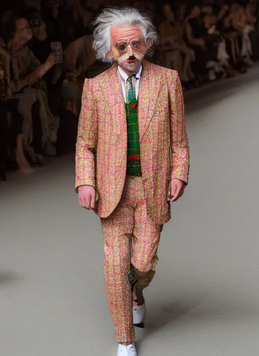 Image similar to hyperrealistic and heavy detailed gucci runway show of albert einstein, leica sl 2 5 0 mm, vivid color, high quality, high textured, real life