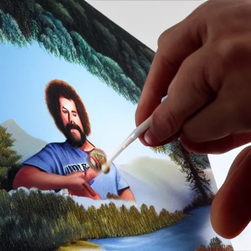 Image similar to a closeup photorealistic photograph of bob ross working on an image of kenny powers autographing a baseball on a canvas. mountains and trees. film still. brightly lit scene. this 4 k hd image is trending on artstation, featured on behance, well - rendered, extra crisp, features intricate detail, epic composition and the style of unreal engine.