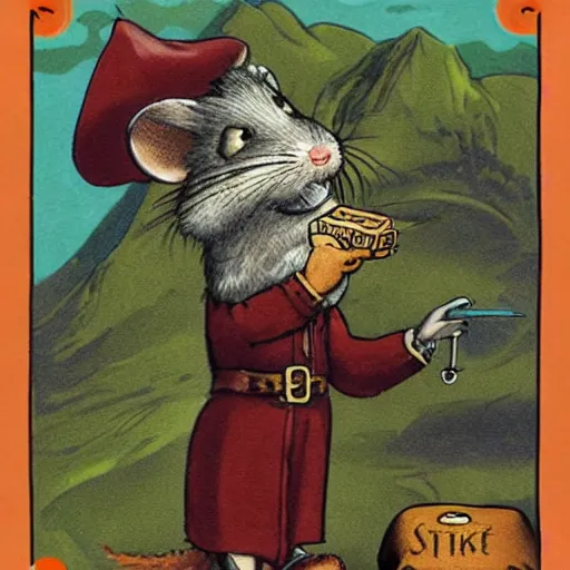 Prompt: a wizard rat smokes a pipe atop a mountain, 1930 photograph, colorized, full body, fancy clothes, magical particles