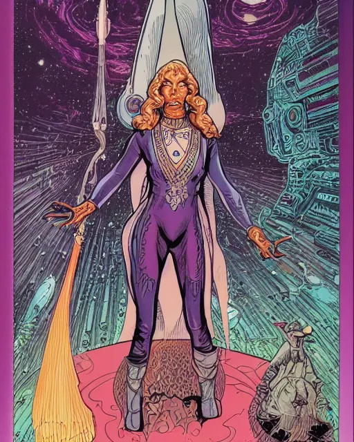 Prompt: portrait of a female space priestess by arthur adams and moebius and chip zdarsky, stunning, comic, pen and ink, slash page, highly detailed