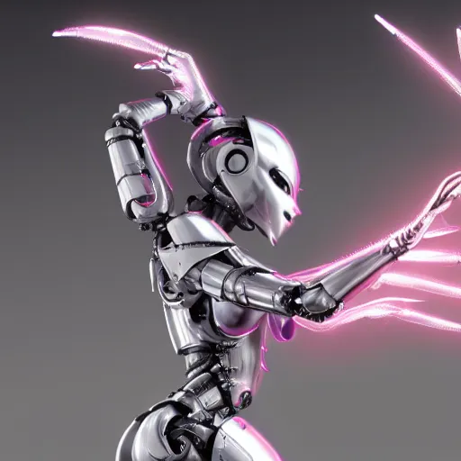 Prompt: a beautiful female robot, shiny white silver plated armor engraved, Fuchsia skin beneath the armor, sharp claws, long tail, robot dragon hands and feet, elegant pose, close-up shot, digital art, 8k HD render, epic lighting, depth of field