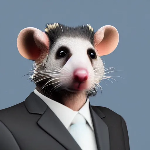 Image similar to HD photo of an opossum lawyer. opossum barrister. opossum legal professional. HD photorealistic digital render.