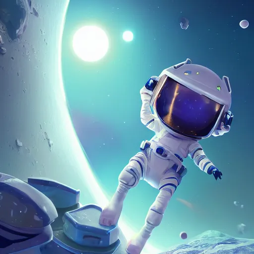 Image similar to astroneer chasing a distant spaceship Anime, wide angle, fine details, cinematic. galaxy starscape. realistic shaded lighting by Ilya Kuvshinov Giuseppe Dangelico Pino and Michael Garmash and Rob Rey greg rutkowski, octane render, IAMAG premiere, aaaa achievement collection, elegant freckles, cinematic hologram, fabulous, daily deviation, 4k, 8k, annual award winner