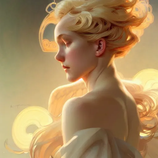 Prompt: Angel girl with blonde hair and glowing halo, wings, fantasy, intricate, elegant, highly detailed, digital painting, artstation, concept art, smooth, sharp focus, illustration, art by Krenz Cushart and Artem Demura and alphonse mucha