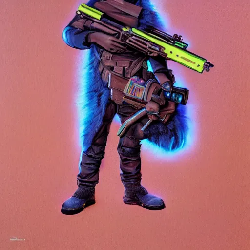 Image similar to portrait of rabbit with UV neon fur holding a machine gun , 8k, highly detailed, sharp, realistic, in style of Brom