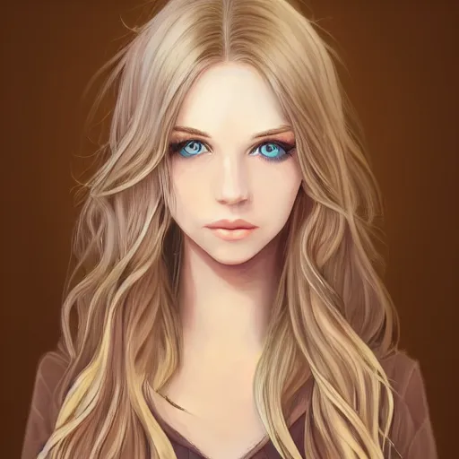 Image similar to portrait, 30 years old women :: fantasy :: blue eyes, long straight blonde hair, flower in hair :: attractive, symmetric face :: brown medieval cloting, natural materials :: high detail, digital art, RPG, concept art, illustration