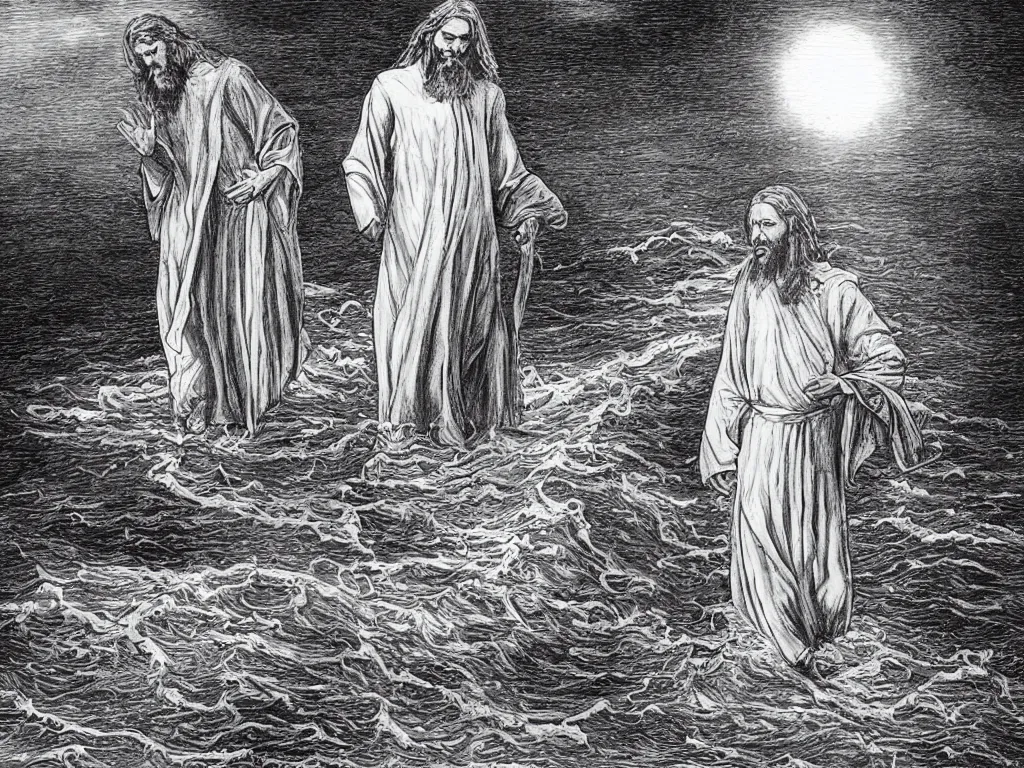 Prompt: jesus walking on water, drawing by alan moore,