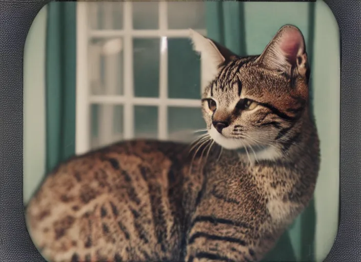 Image similar to photography polaroid of a Jack Cat . watching outside the window. on a bed. in a 70's room full of vinyls and posters, photorealistic, award winning photo, 100mm, sharp, high res