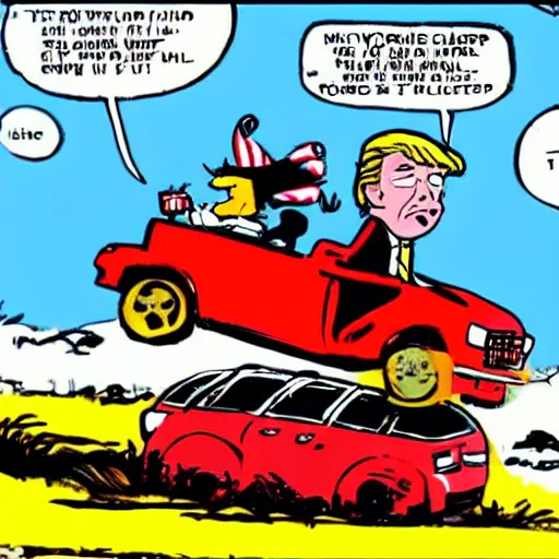 Prompt: wide angle shot of Donald trump driving a clown car over a cliff, Calvin and Hobbes,