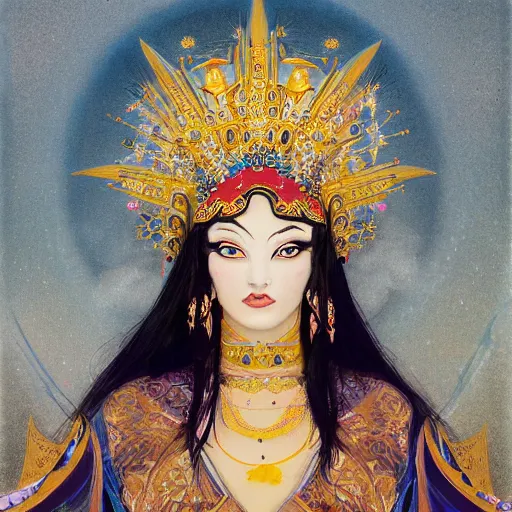 Image similar to painting of junoesque plus size mongolian priestess of the moon, golden filigree armor and tiara, moon above head, dark blue straight hair, smooth translucent skin, wide striking eyes, beautiful! coherent! by brom, by brian froud, strong line, high contrast, muted color, 4 k, trending on artstation