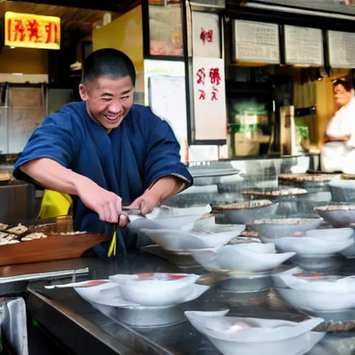 Prompt: A happy shaolin monk working at a noodle shop serving geese as customers