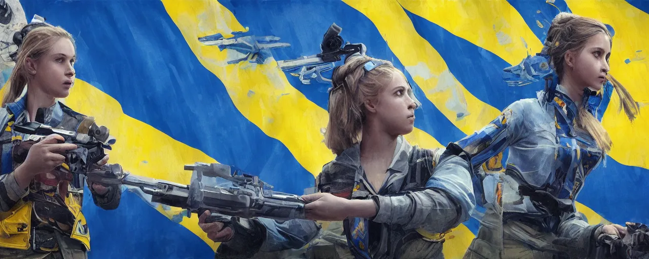 Prompt: third person views of a Ukrainian girl in national clothes with blue and yellow stripes in her hair and gun in her hands ready to fight standing against a huge Russian flag warship, concept art, highly detailed, smooth, sharp focus, illustration, wide shot, cinematic, 8k, art by Greg Rutkowski, trending on Artstation