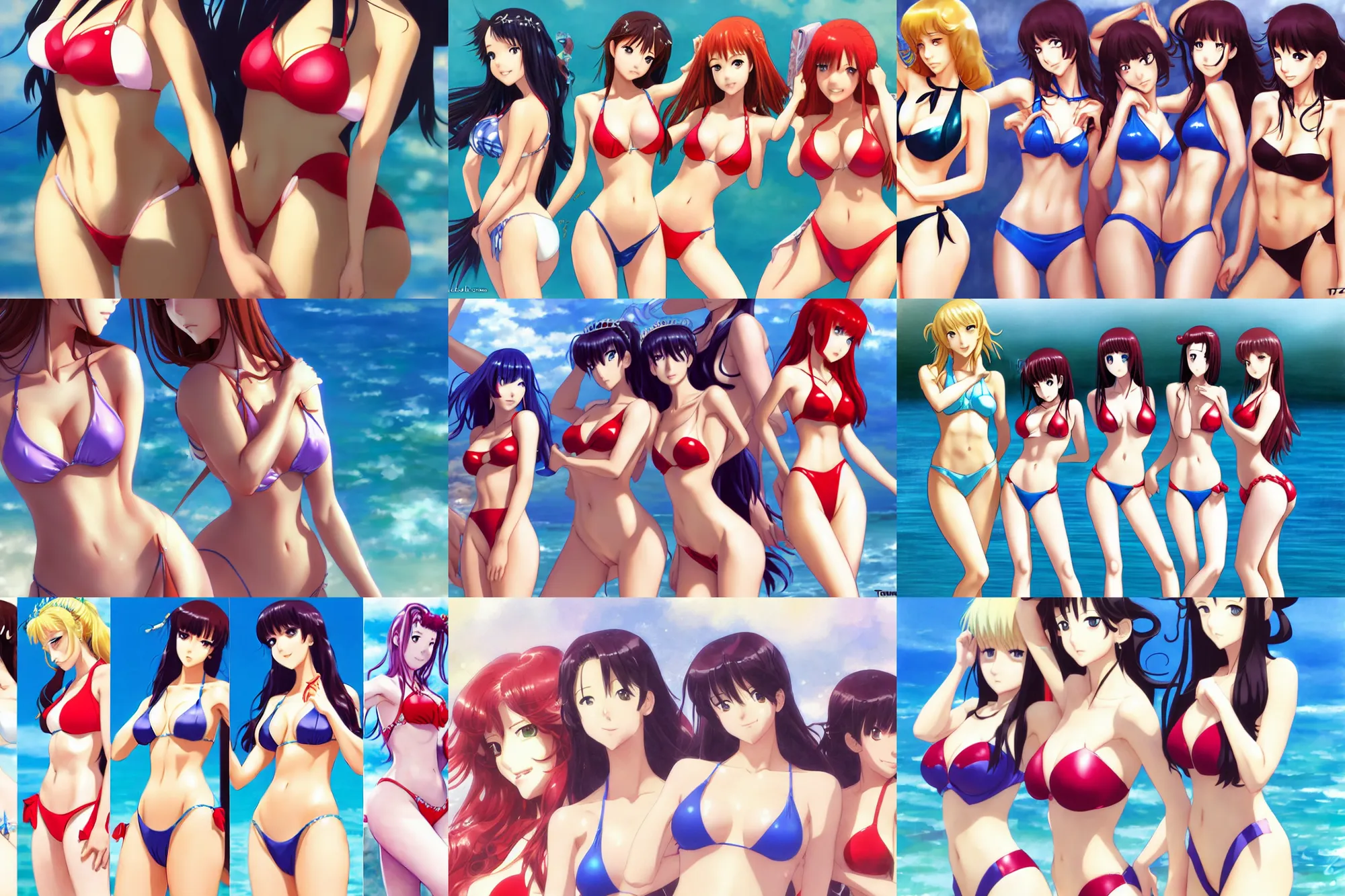 Image similar to close - up princesses posing together in bikini. by takashi takeuchi, yoshiyuki sadamoto, amagaitaro, makoto shinkai, krenz cushart, asao urata, pixiv