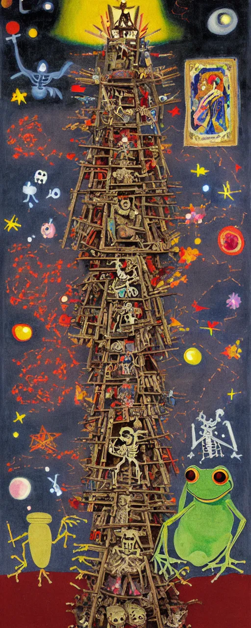 Image similar to pixel decollage painting tarot lovers card composition tower of babel road red armor maggot bear and wonky alien frog skeleton knight on a horse in a dark red cloudy night sky with golden foil jewish stars, occult symbols and diamonds, mountain lake and blossoming field in background, painted by Mark Rothko, Helen Frankenthaler, Danny Fox and Hilma af Klint, pixelated, neo expressionism, semi naive, pastel colors, cinematic, color field painting, cave painting, voxel, pop art look, outsider art, minimalistic. Bill Traylor painting, part by Philip Guston and Francis Bacon. art by Adrian Ghenie, very coherent symmetrical artwork, cinematic, hyper realism, high detail, octane render, unreal engine, Smooth gradients, depth of field, full body character drawing, extremely detailed, 8k, extreme detail, intricate detail, masterpiece