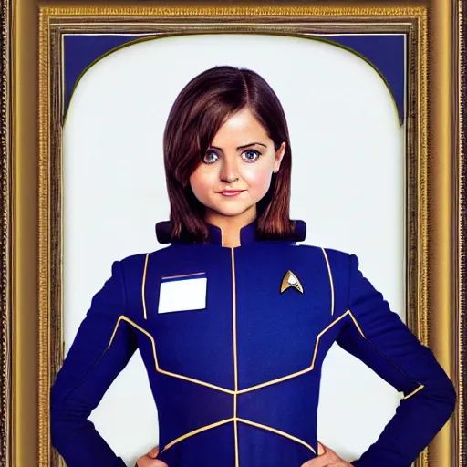 Image similar to a beautiful full body photograph of younger jenna coleman as a star fleet science officer from star trek next generation, full dress uniform, symmetrical face, extreme realism and detail, 8 k, completely framed, direct lighting, 3 5 mm photo, photorealistic, sharp focus