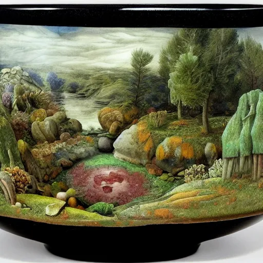 Image similar to a deep stone bowl containing a miniature landscape, surrealism, photorealistic, river and trees and hills, extremely detailed, by clara peeters and rob gonsalves and caspar david friedrich