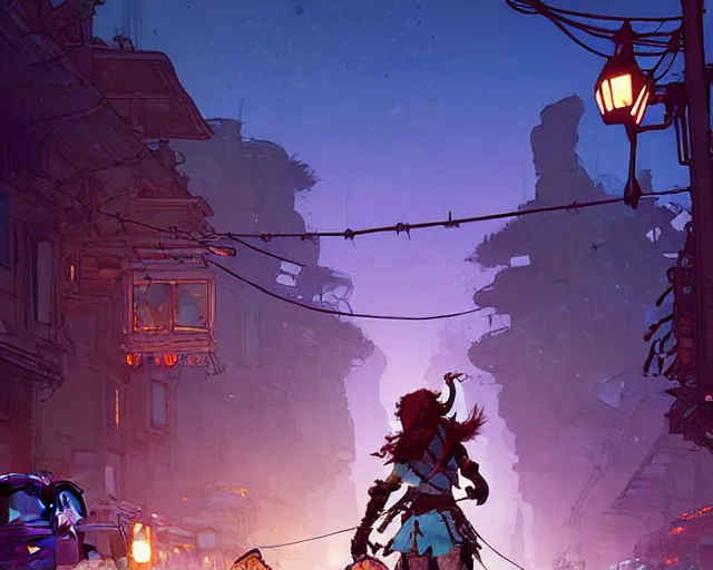 Image similar to Aloy of horizon zero dawn in a street with lamps, road, illustration, wide shot, subtle colors, post grunge, concept art by josan gonzales and wlop, by james jean, Victo ngai, David Rubín, Mike Mignola, Laurie Greasley, highly detailed, sharp focus, Trending on Artstation, HQ, deviantart, art by artgem