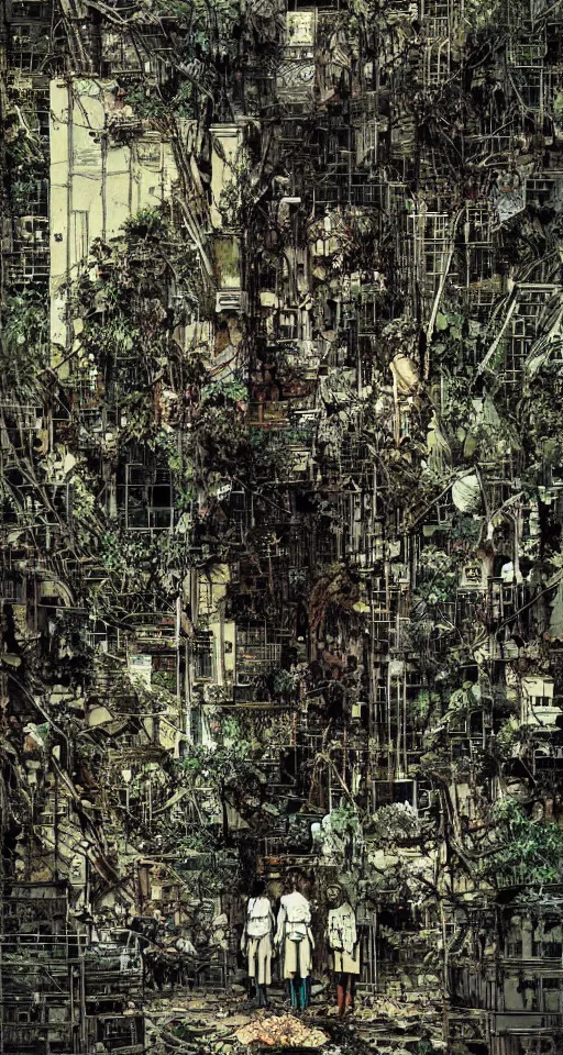 Image similar to on the street of abandoned town 2 people standing huddled together with spiny giant plants bursting through them, surreal, very coherent, intricate design, painting by Yoji Shinkawa, part by Norman Rockwell