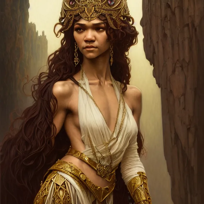 Image similar to ancient queen zendaya, symetrical, diffuse lighting, fantasy, intricate, elegant, highly detailed, lifelike, photorealistic, digital painting, artstation, illustration, concept art, 4 k, smooth, sharp focus, art by john collier and albert aublet and krenz cushart and artem demura and alphonse mucha