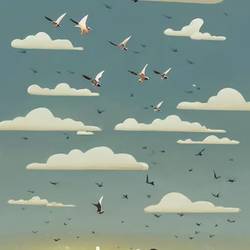 Prompt: Migratory path of birds in the sky, ilustration art by Goro Fujita