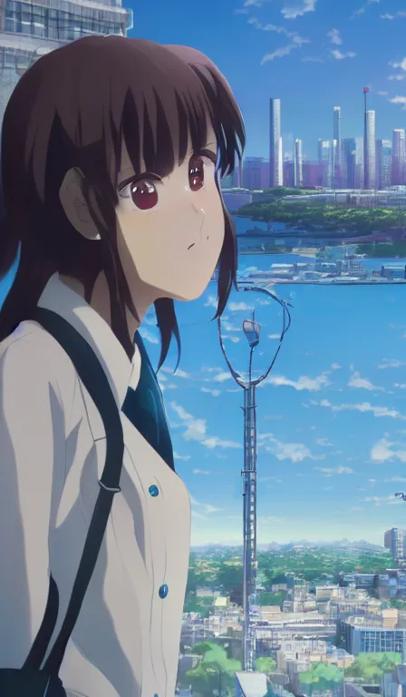 Image similar to anime fine details portrait of a school girl in front of modern tokyo city landscape on the background deep bokeh, close-up view, anime masterpiece by Makoto Shinkai, 8k, sharp high quality anime, artstation