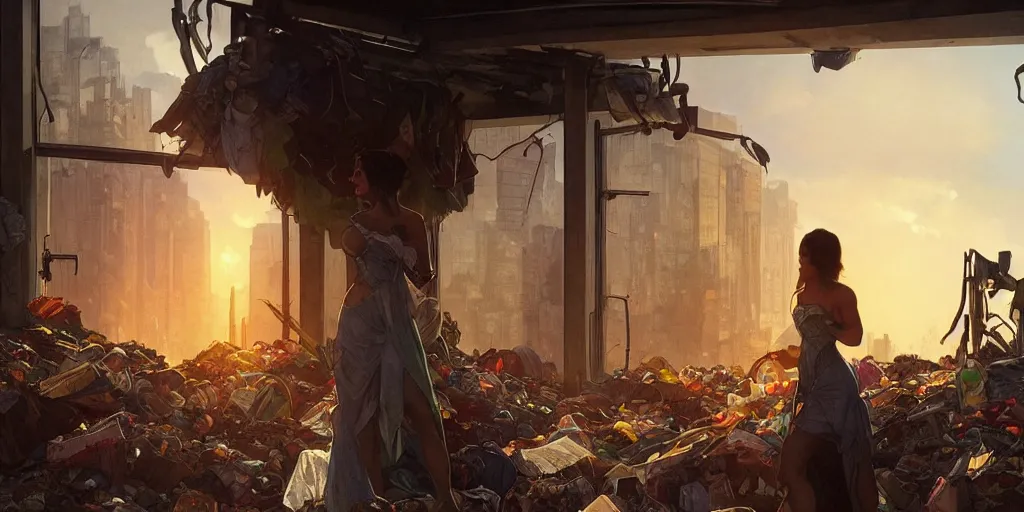 Image similar to broken window in foreground!! garbage dump, city is pure wasteland, sunset in background, detailed characters, alphonse mucha, greg rutkowski, trending on artstation, artgerm, breathtaking, sharp focus, smooth, mark arian, award winning, highly detailed 4 k art