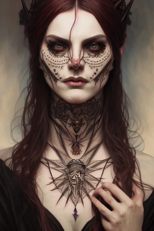 Image similar to portrait of a satanic witch, tattooed face, upper body, decorated, intricate, elegant, highly detailed, digital painting, artstation, concept art, smooth, sharp focus, illustration, art by artgerm and greg rutkowski and alphonse mucha, 8 k