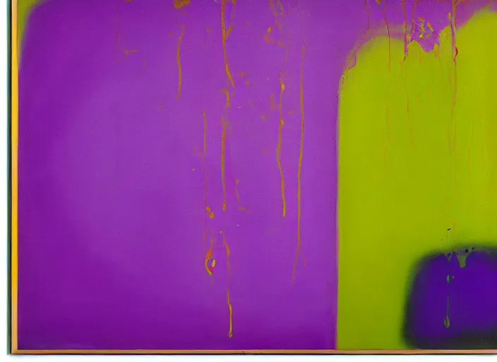 Prompt: minimalistic abstract painting in purple, yellow, dark green, by hernan bas and pat steir and hilma af klint, psychological, photorealistic, dripping paint, washy brush, oil on canvas, rendered in octane, altermodern, masterpiece