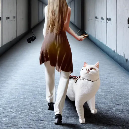 Prompt: a beautiful woman wearing a travel outfit walks down a white corridor with a robot cat in her handbag by olivia malone, long hair, amazingly detailed, fantastic detailed eyes, pretty face, aged 2 5, swedish, photo realistic, photograph, 3 5 mm, octane render, trending on artstation