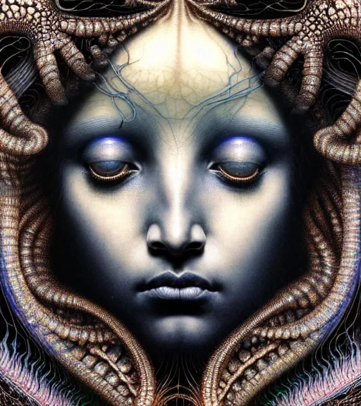 Prompt: detailed realistic beautiful black opal goddess face portrait by jean delville, gustave dore, iris van herpen and marco mazzoni, art forms of nature by ernst haeckel, art nouveau, symbolist, visionary, gothic, neo - gothic, pre - raphaelite, fractal lace, intricate alien botanicals, biodiversity, surreality, hyperdetailed ultrasharp octane render
