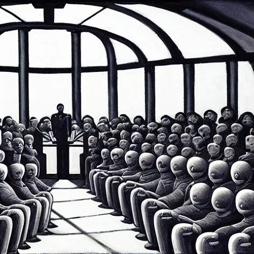 Prompt: robotic choir in an amphitheater, pj crook, grant wood, edward hopper, syd mead, chiaroscuro, oil on canvas