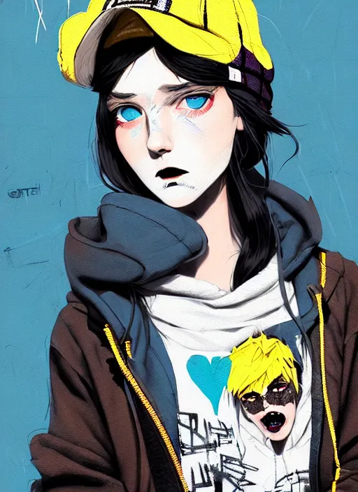Prompt: highly detailed portrait of a street punk lady student, blue eyes, plaid hoodie, hat, white hair by atey ghailan, by greg rutkowski, by greg tocchini, by james gilleard, by joe fenton, by kaethe butcher, gradient yellow, black, brown and cyan blue color scheme, grunge aesthetic!!! ( ( graffiti tag wall background ) )
