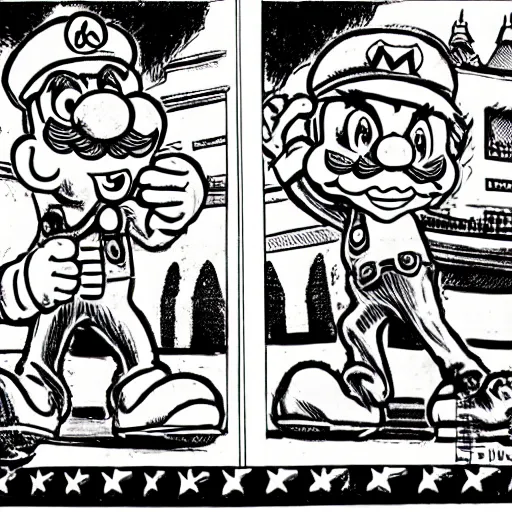 Prompt: King Bowser and Mario, black and white, drawn by Robert Crumb.