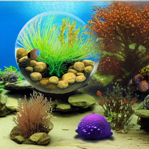Image similar to An transparent spherical aquarium containing many fantasy fish, high detail, complex, 8k