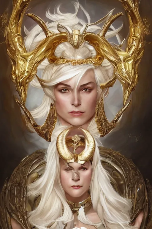 Image similar to fullbody!! dynamic action pose, beautiful woman with white hair, big natural horns on her head, gold jewellery, dnd, face, fantasy, intricate, elegant, highly detailed, digital painting, artstation, concept art, smooth, sharp focus, illustration, art by artgerm and greg rutkowski and alphonse mucha