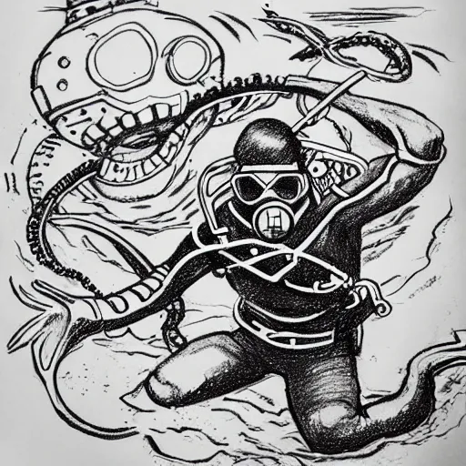 Prompt: old drawing of a scuba diver fighting against a kraken underwater, under water scenery, dramatic lighting, intense, epic, drawing, sketchbook
