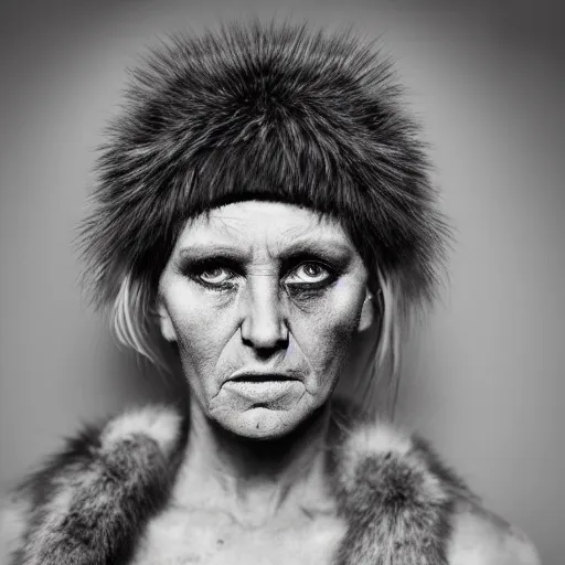 Prompt: Award Winning Portrait of a prehistoric weathered English Female in furs with beautiful eyes wearing a leather headband by Lee Jeffries, 85mm ND 5, perfect lighting,