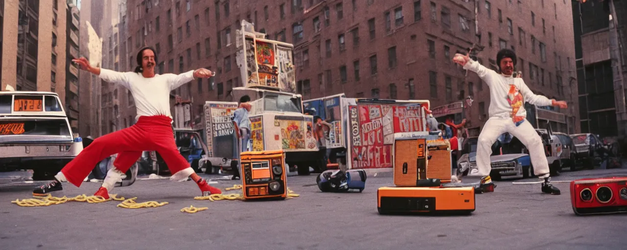 Prompt: 1 9 8 0's breakdancing next to a boombox made of spaghetti nyc, afternoon light, detailed, canon 2 0 mm, wes anderson, kodachrome