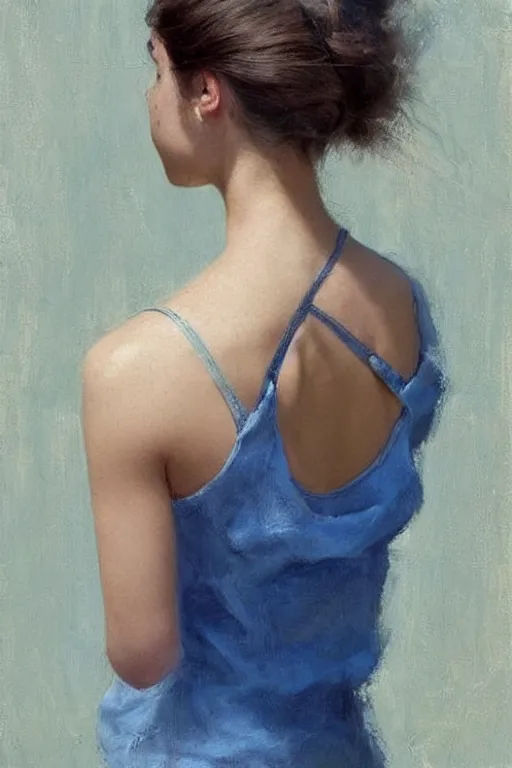 Image similar to girl with messy bun hairstyle, back view, blue camisole!!!!!!! shoulder tattoo!!!!!!! jeremy lipking, joseph todorovitch