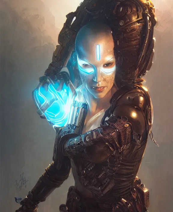 Image similar to portrait of a cyberpunk masked warrior, half body, glowin eyes, d & d, fantasy, intricate, elegant, highly detailed, digital painting, artstation, concept art, art by artgerm and greg rutkowski and alphonse mucha