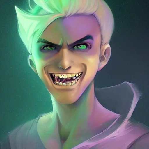 Prompt: A digital matte intricate illustration concept art of young Danny phantom with snow white hair and glowing green eyes and smiling pointy sharp teeth fangs alt art fashion inspired art by Charlie Bowater and WLOP and Mark Arian and Ross Tran + neon colors, symmetry , intricate complexity, epic composition, magical atmosphere, highly detailed, cinematic lighting + masterpiece, trending on artstation + 8k