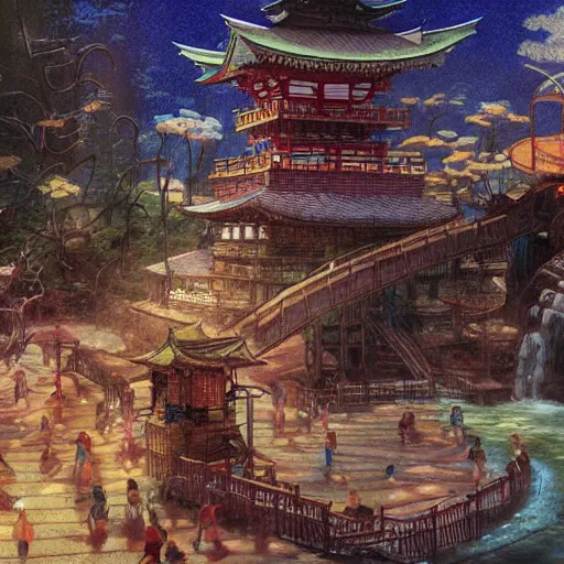 Prompt: japanese waterpark painting by brain froud, charles vess, cinematic lighting, epic composition, highly detailed