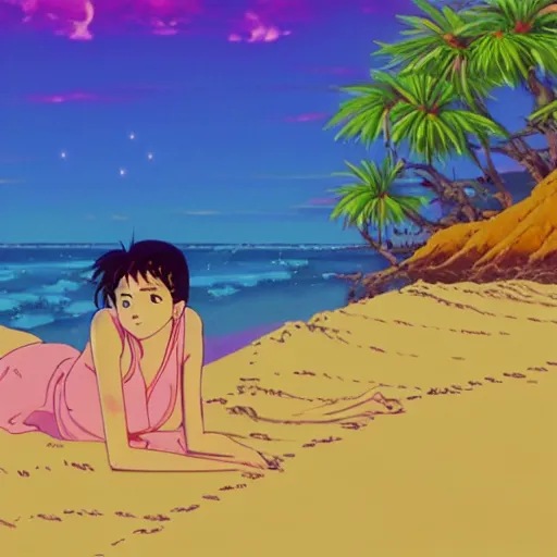 Image similar to girl laying in the sand next to ocean in sunset, sprite, vaporwave nostalgia, directed by beat takeshi, visual novel cg, 8 0 s anime vibe, kimagure orange road, maison ikkoku, initial d, sketch by osamu tezuka, directed by hideki anno, wallpaper, ultra hd, vlc screenshot