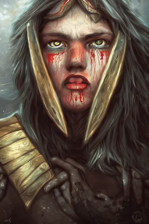 Prompt: portrait of a warrior crying. fantasy, digital painting, hd, detailed.