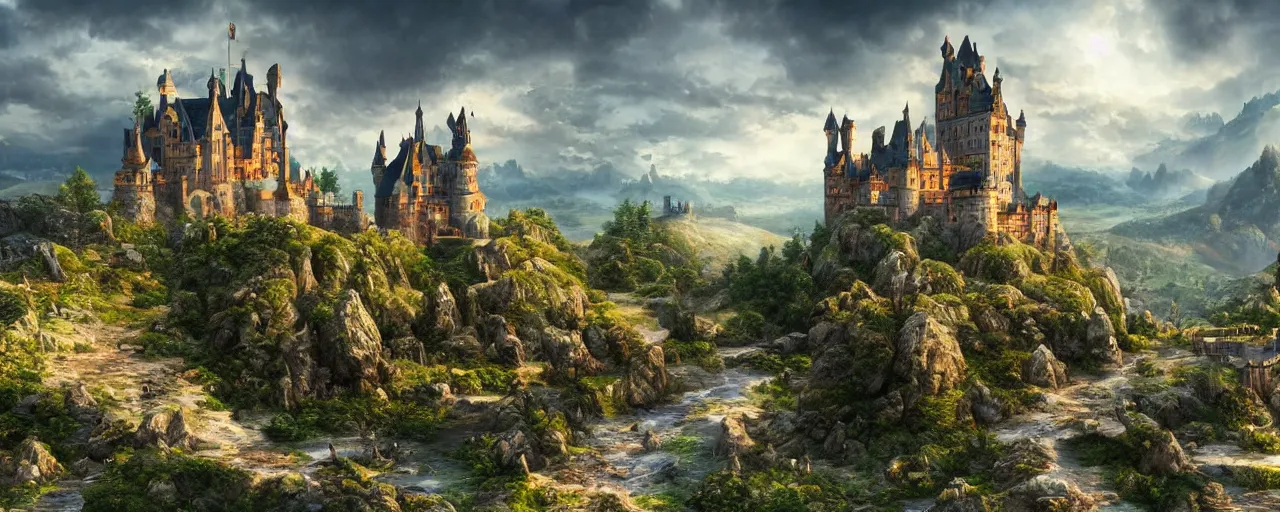 Image similar to A dream fantasy landscape with a castle, highly detailed, hyper realistic, 4k