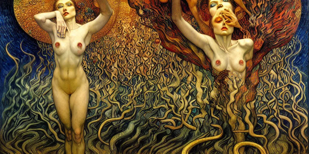 Image similar to Divine Chaos Engine by Karol Bak, Jean Delville, William Blake, Gustav Klimt, and Vincent Van Gogh, symbolist, visionary